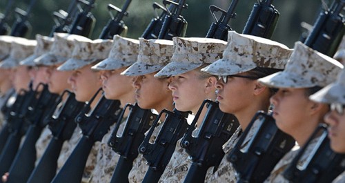 Spi0041984. THE SUNDAY TELEGRAPH US MARINES. Recruit Training Regiment, Parris Island, South Carolina USA. Female Recruits on the main Square for drill practice. October 2012